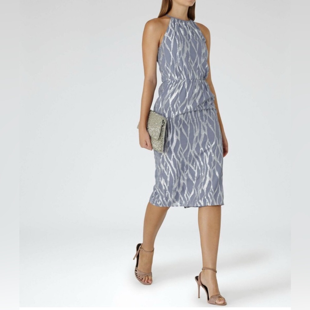 REISS - women’s Cass grey / blue metallic silver burnout high neck midi dress 10